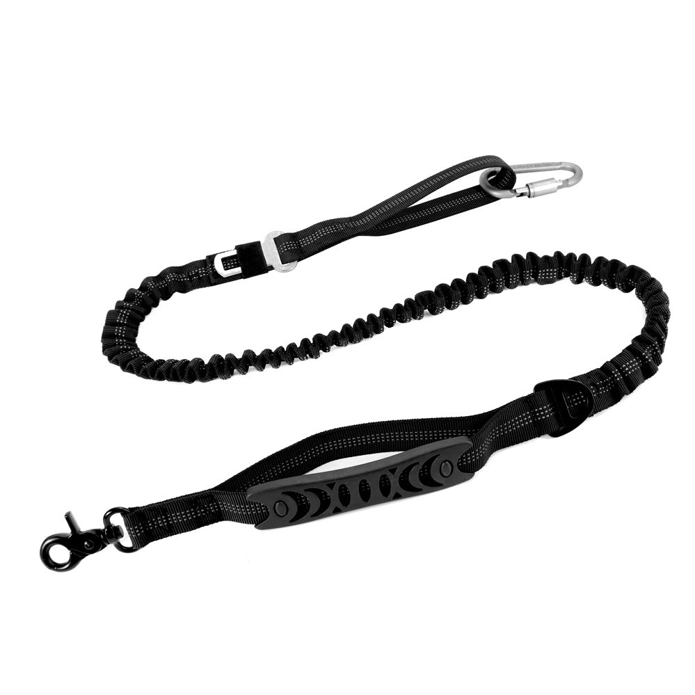 Black heavy-duty adjustable bungee dog leash with reflective stitching and shock-absorbing handle