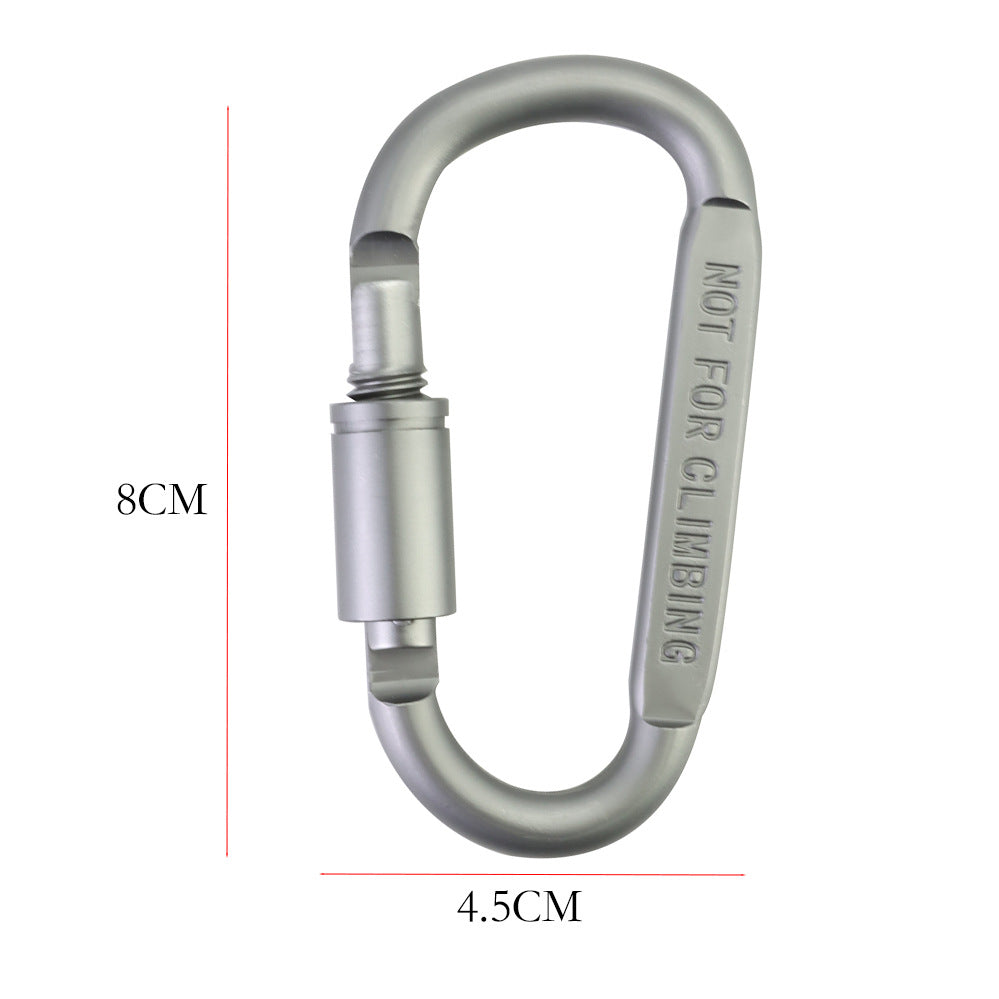 Silver carabiner with screw lock and "NOT FOR CLIMBING" engraving, 8cm by 4.5cm