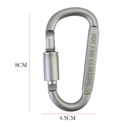 Silver carabiner with screw lock and "NOT FOR CLIMBING" engraving, 8cm by 4.5cm