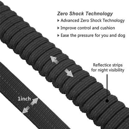 Close-up of black 1-inch heavy-duty dog leash with zero shock technology and reflective strips