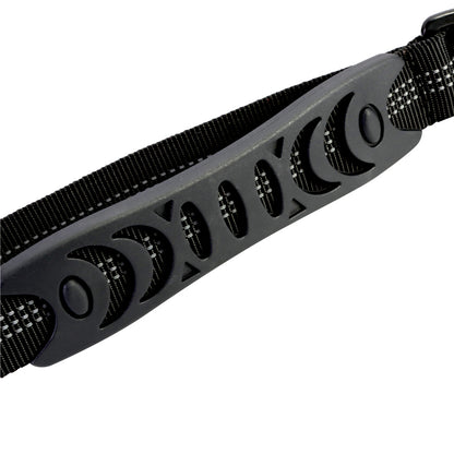Black adjustable dog leash with reflective stitching and ergonomic handle with moon cutouts