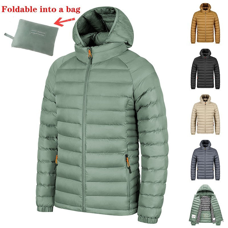 Lightweight men's packable puffer jacket with hood in green, foldable into a compact bag, available in multiple colors