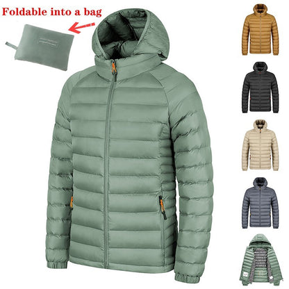 Lightweight men's packable puffer jacket with hood in green, foldable into a compact bag, available in multiple colors