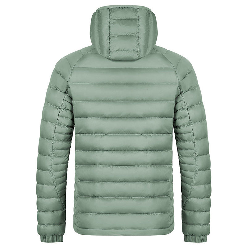 Back view of lightweight men's packable puffer jacket with hood in muted green