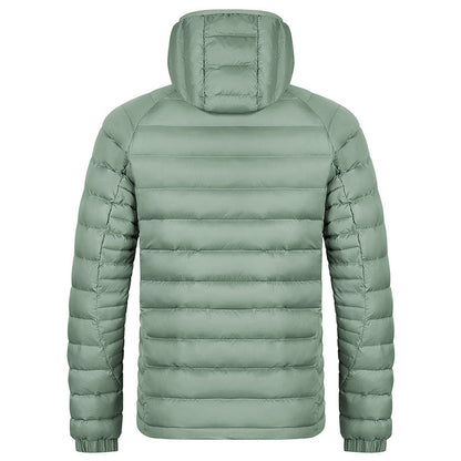 Back view of lightweight men's packable puffer jacket with hood in muted green