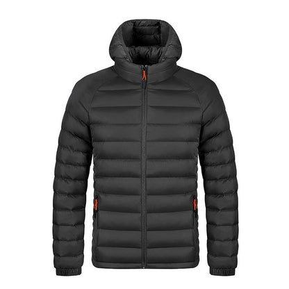 Black lightweight packable hooded puffer jacket with front zipper and orange pull tabs