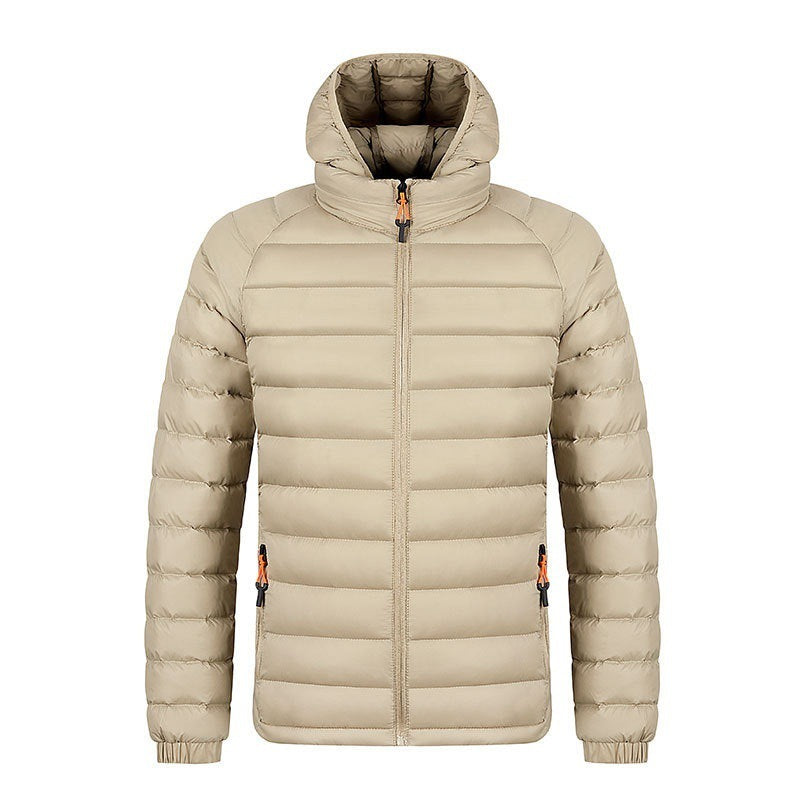 Beige lightweight hooded puffer jacket with horizontal quilting and zipper pockets for men