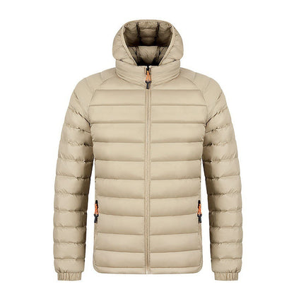 Beige lightweight hooded puffer jacket with horizontal quilting and zipper pockets for men