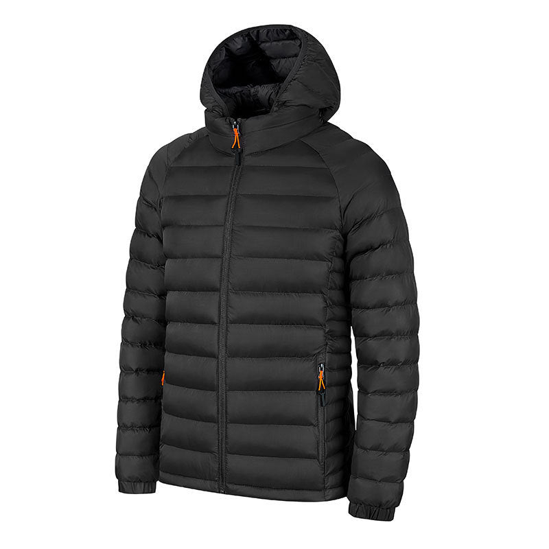 Black lightweight packable men's hooded puffer jacket with front zipper and side pockets