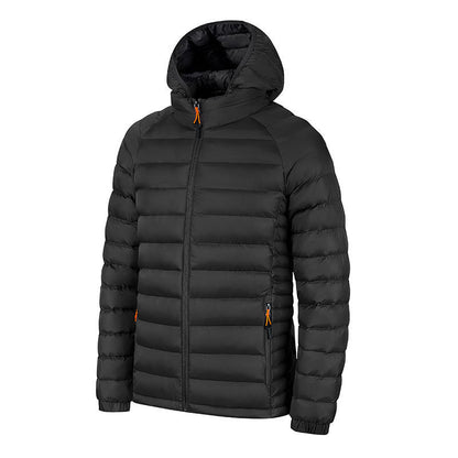 Black lightweight packable men's hooded puffer jacket with front zipper and side pockets