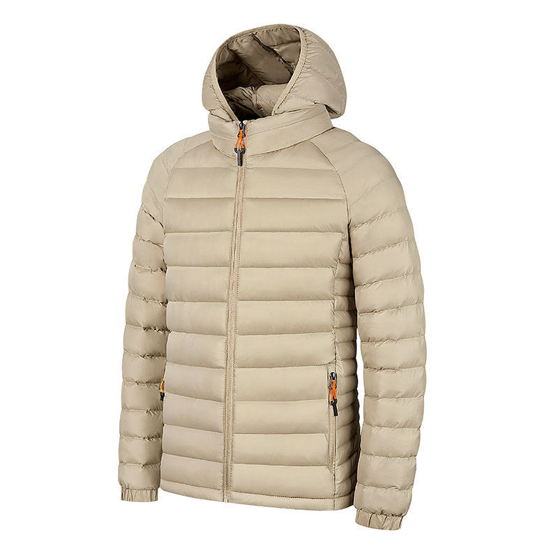 Beige lightweight men's hooded puffer jacket with front zipper and side pockets
