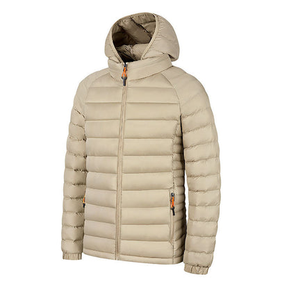 Beige lightweight men's hooded puffer jacket with front zipper and side pockets