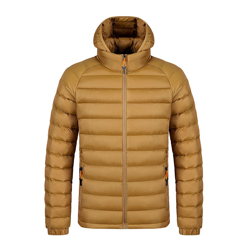Men's lightweight brown packable puffer jacket with hood and zippered pockets