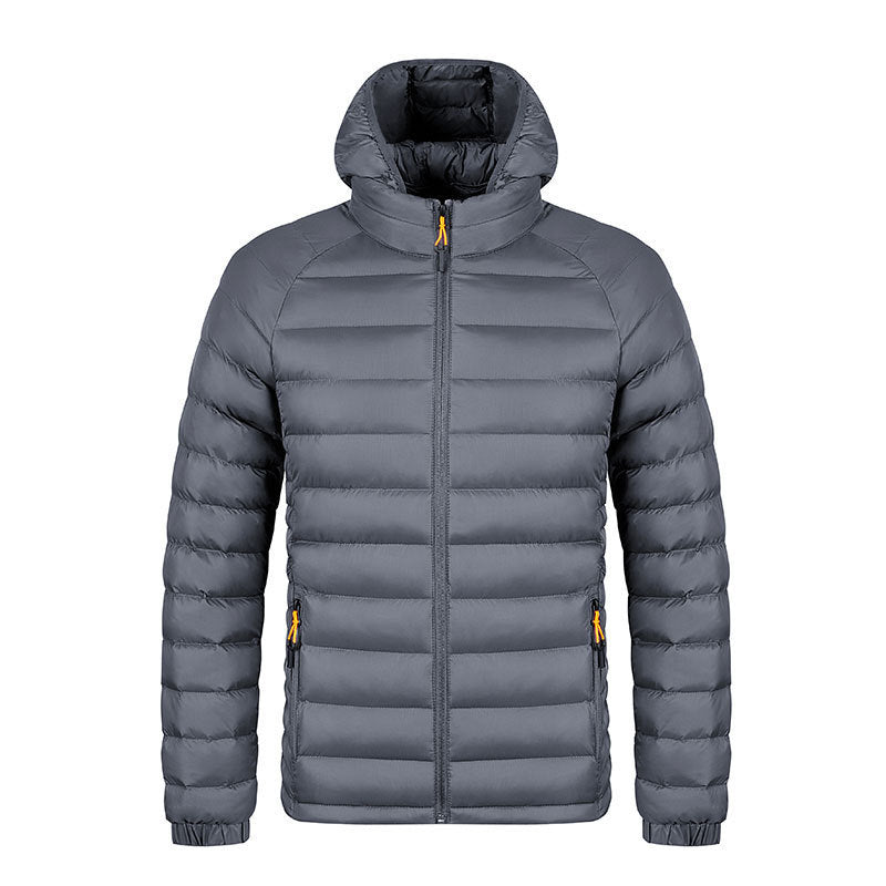Men's lightweight black hooded puffer jacket with horizontal quilting and zippered pockets