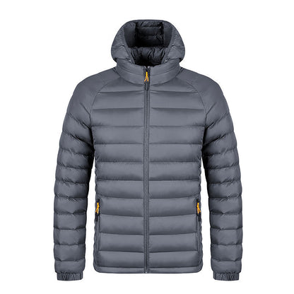 Men's lightweight black hooded puffer jacket with horizontal quilting and zippered pockets
