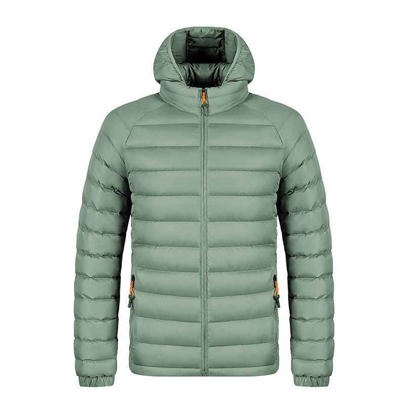 Men's lightweight packable sage green puffer jacket with hood and orange zipper pulls