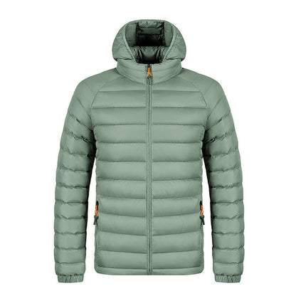 Men's lightweight packable sage green puffer jacket with hood and orange zipper pulls