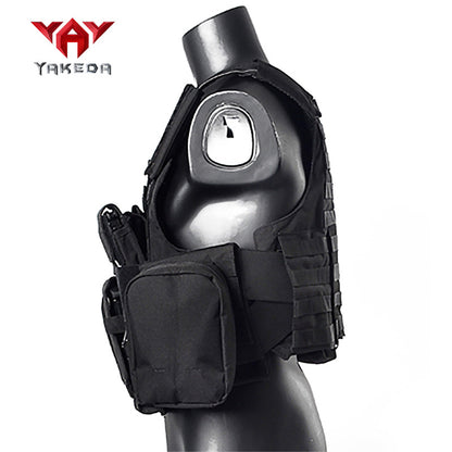 Black tactical combat vest with MOLLE webbing and multiple pouches on mannequin