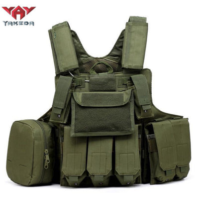 Olive green tactical military combat vest with multiple pouches and adjustable straps