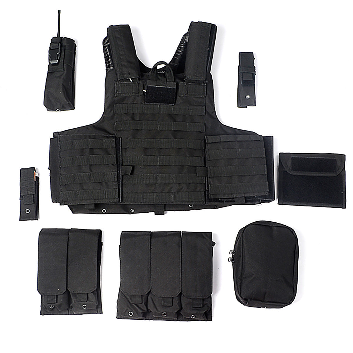Black tactical combat vest with multiple detachable pouches and military gear accessories arranged on white background
