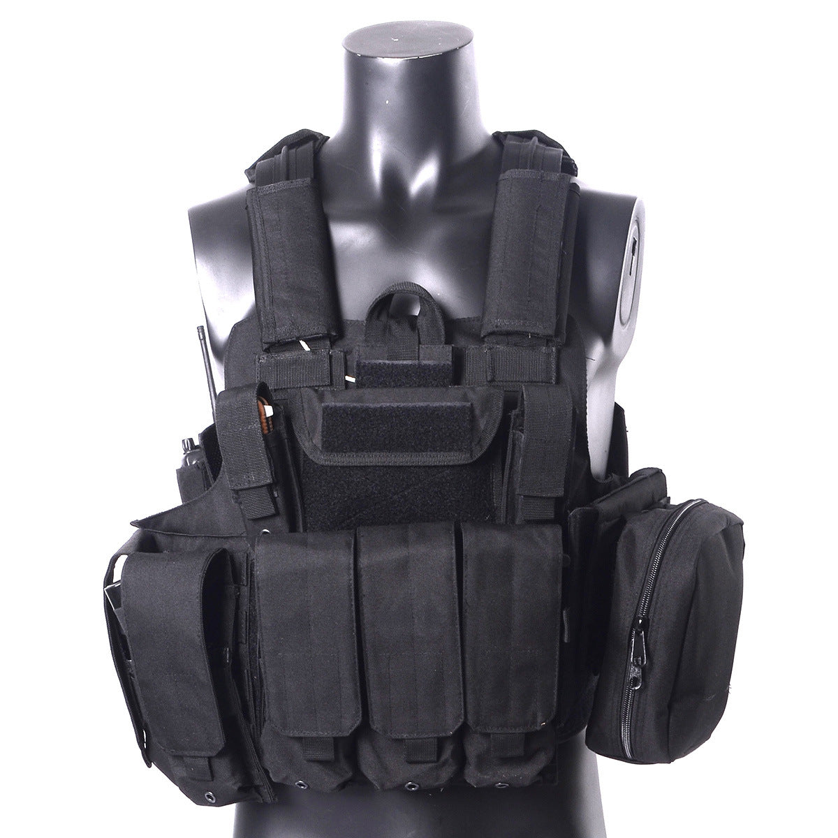 black tactical combat vest with multiple pouches and adjustable straps on mannequin