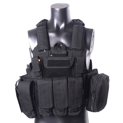 black tactical combat vest with multiple pouches and adjustable straps on mannequin