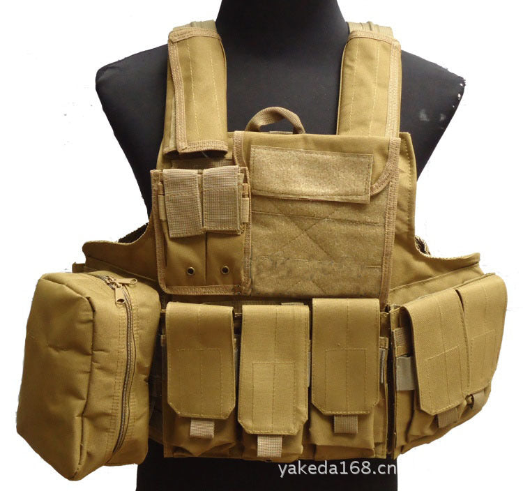 tan tactical combat vest with multiple pouches and pockets displayed on black mannequin