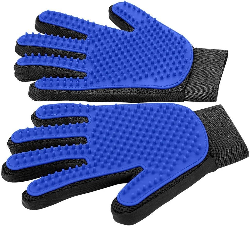 Blue silicone pet grooming gloves with black fabric backing and raised rubber bristles for hair removal