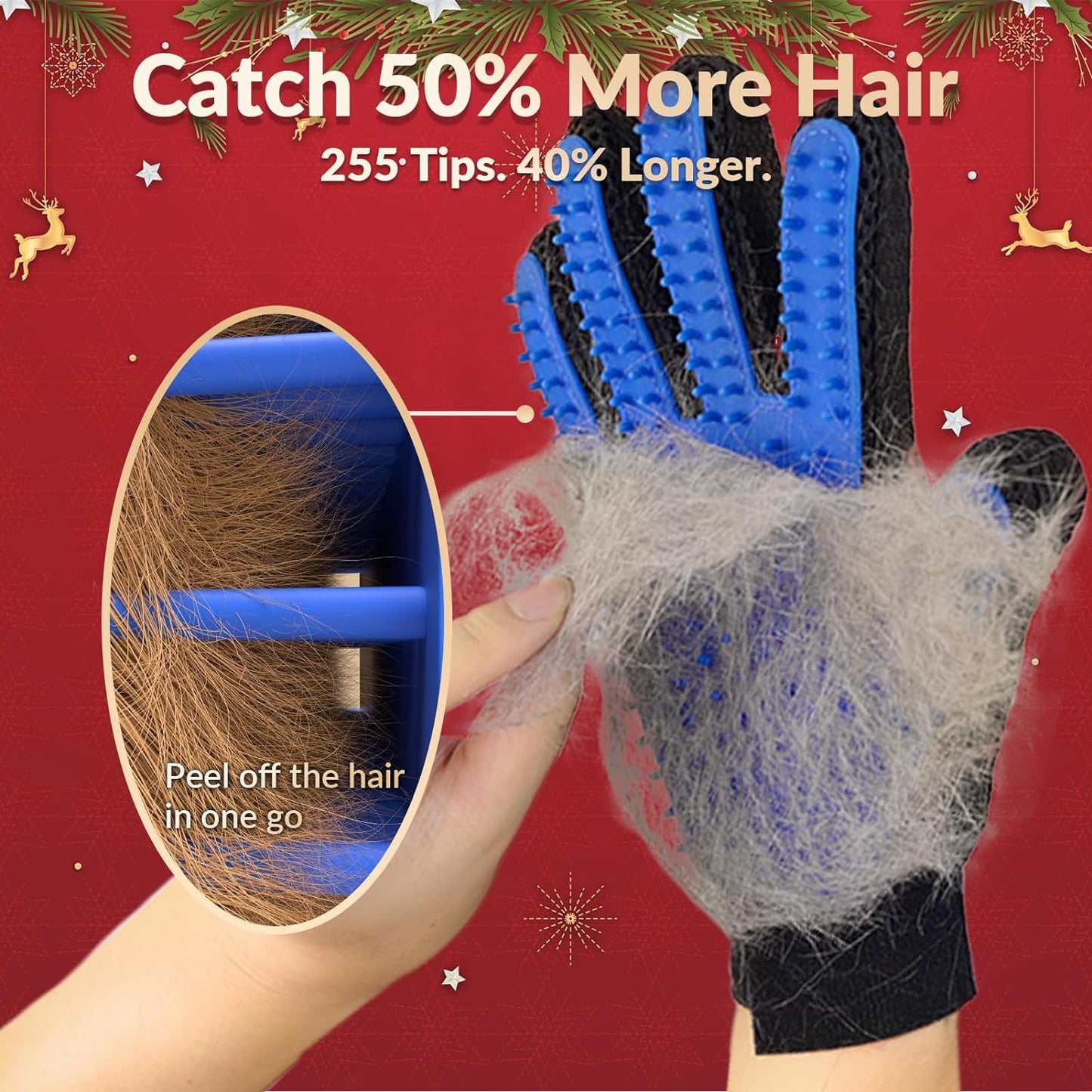 Blue silicone pet grooming glove with hair remover mitt on black fabric glove holding white pet fur