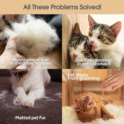 Collage showing pet grooming problems: shed hair, cats with hairballs, matted fur, and a cat avoiding grooming