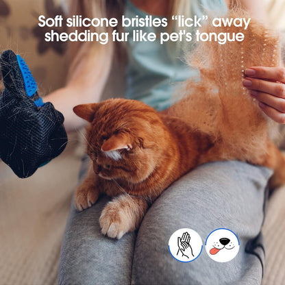 Blue silicone pet grooming glove with fur remover bristles, held near orange cat on person's lap