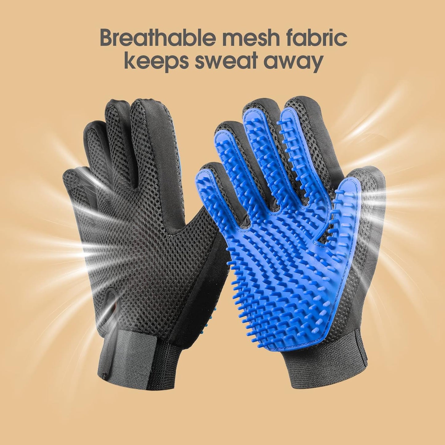 Blue silicone pet grooming gloves with black breathable mesh fabric and adjustable wrist straps