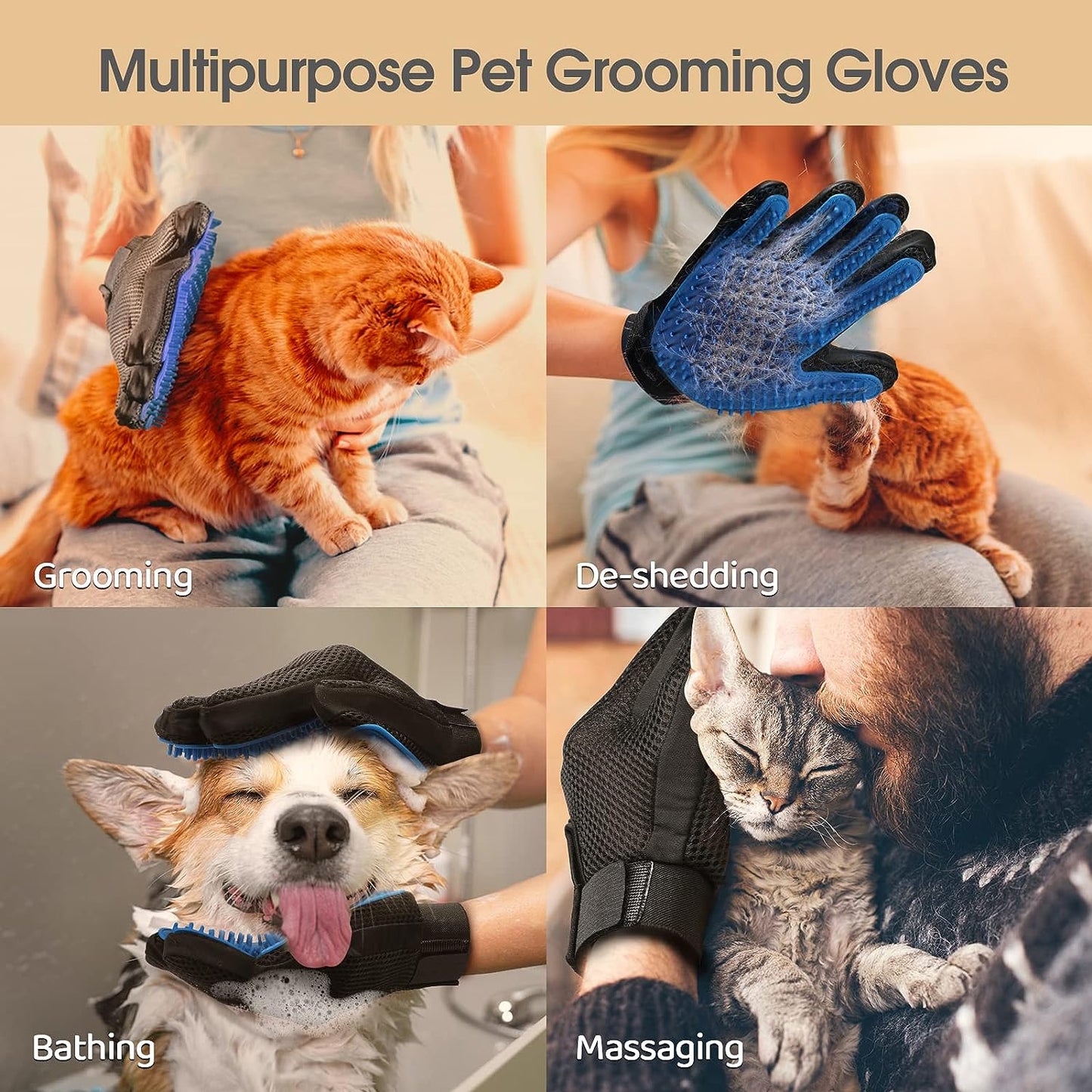 Multipurpose pet grooming gloves in blue and black used for grooming a cat, de-shedding fur, bathing a dog, and massaging a cat