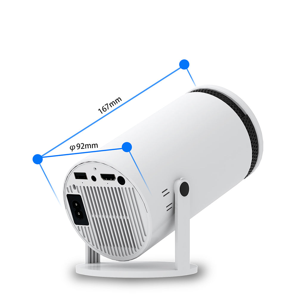 Compact white mini projector with stand showing ports and measurements 167mm by 92mm