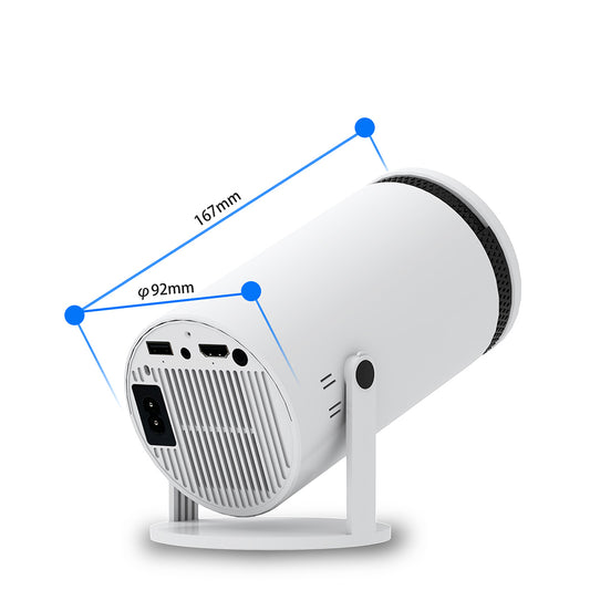 Compact white mini projector with stand showing ports and measurements 167mm by 92mm
