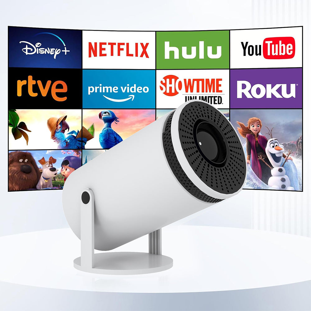 White cylindrical 4K mini projector on stand displaying streaming apps including Netflix, Hulu, Disney+, and YouTube