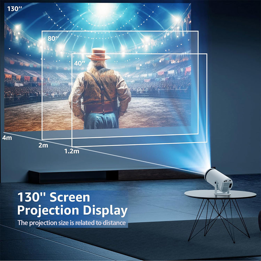 Portable projector on table displaying 130-inch screen with size-distance projection comparison