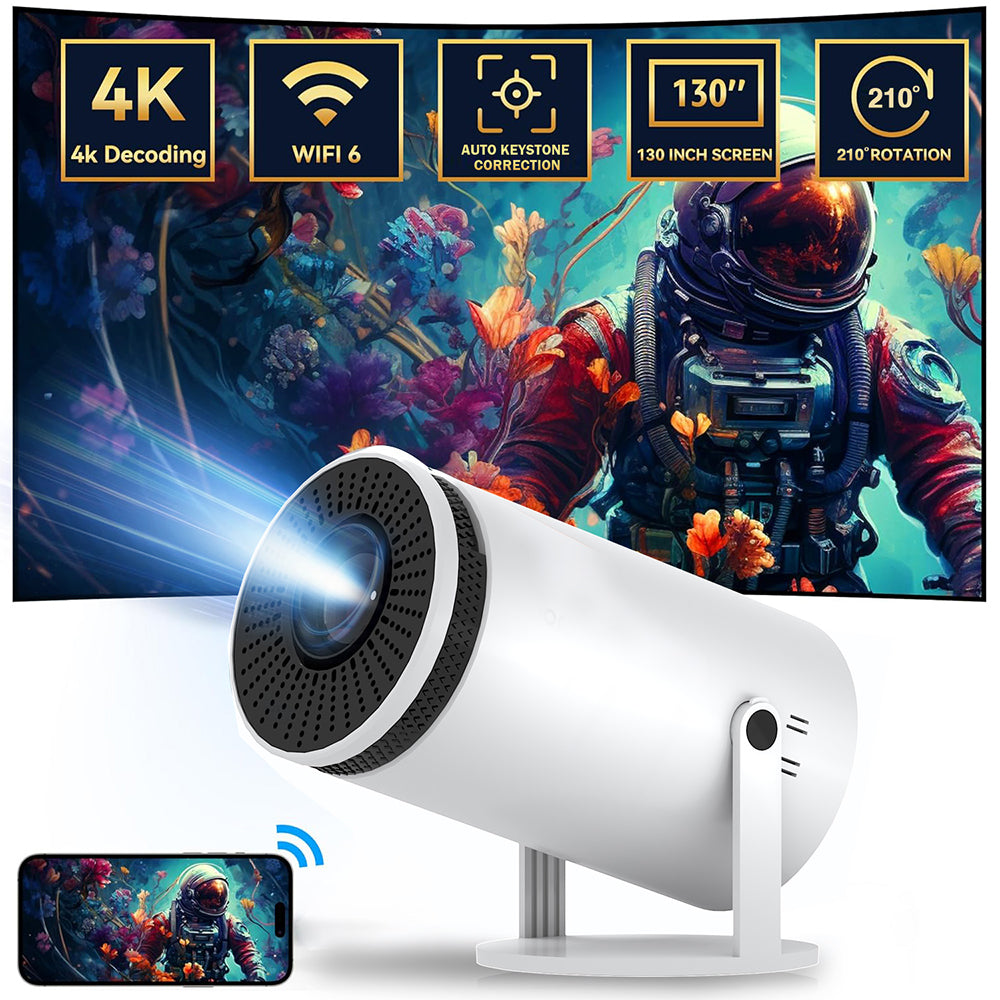Compact white 4K mini projector displaying astronaut image with WiFi6, auto keystone, 130-inch screen