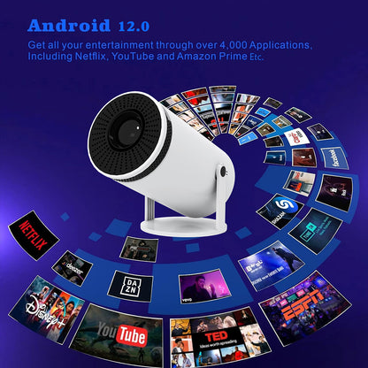 White portable mini projector with Android 12.0 OS displaying apps like Netflix, YouTube, and Disney+
