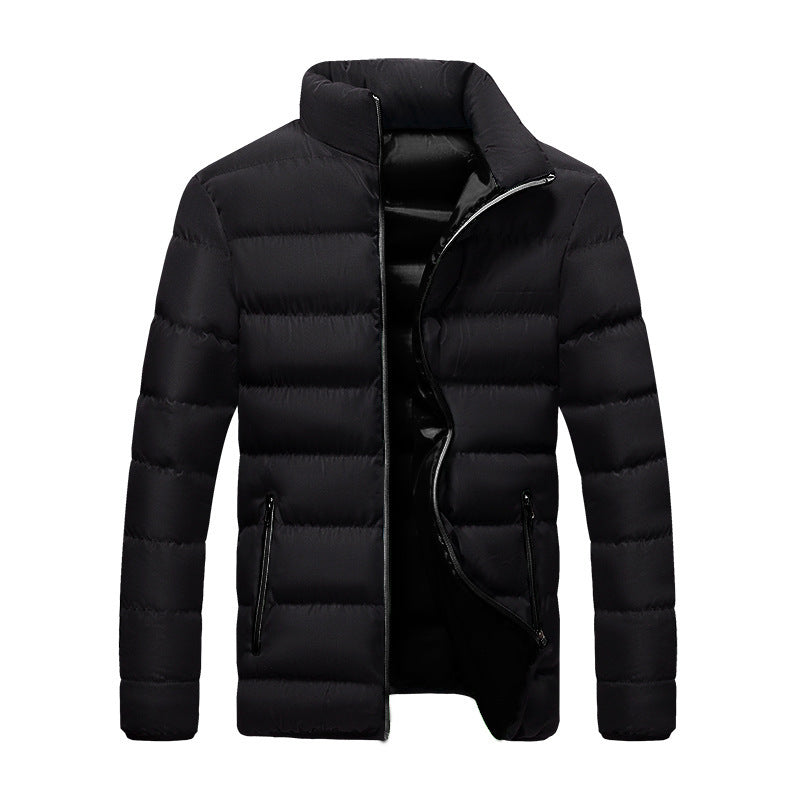 Men's black thickened cotton winter jacket with slim fit and zippered pockets
