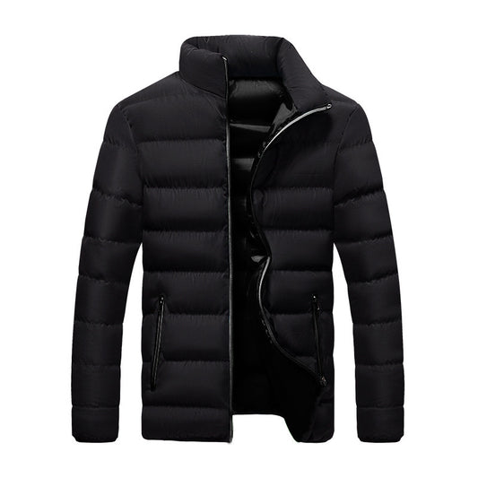 Men's black thickened cotton winter jacket with slim fit and zippered pockets