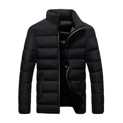 Black men's slim fit down jacket with high collar and zippered pockets