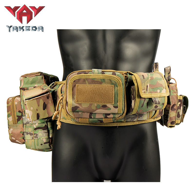 Trendoligy camo tactical belt with MOLLE system and multiple pouches on black mannequin