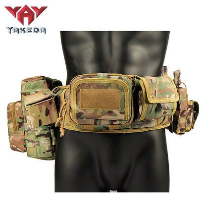 Trendoligy camo tactical belt with MOLLE system and multiple pouches on black mannequin