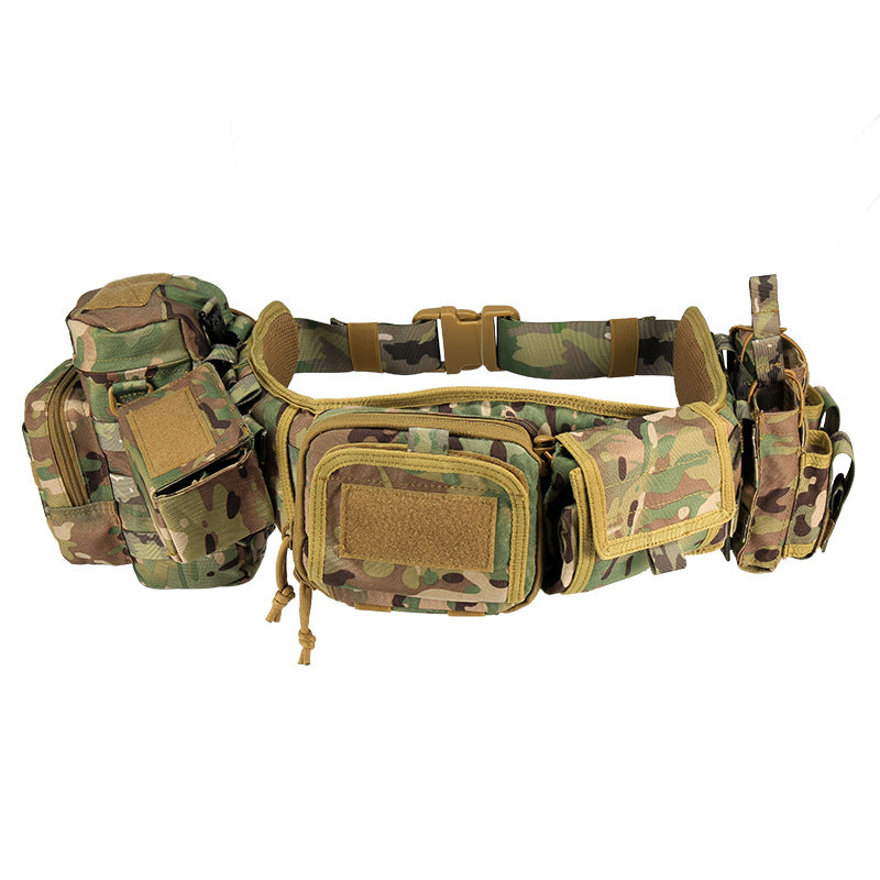 Camo tactical belt with multiple MOLLE pouches and adjustable straps on white background