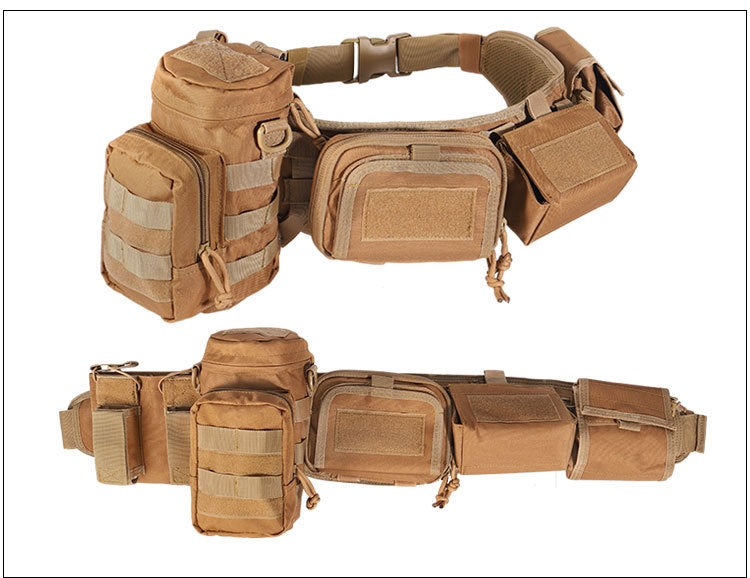 Tan camo tactical belt with MOLLE system and multiple pouches for outdoor and military use
