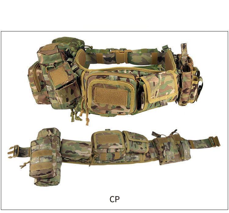 camouflage tactical belt with MOLLE system and multiple pouches for outdoor and military use