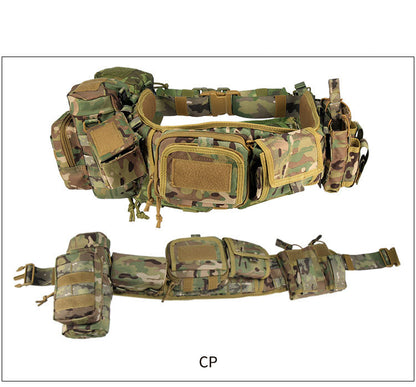 camouflage tactical belt with MOLLE system and multiple pouches for outdoor and military use