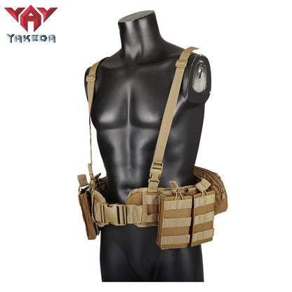 Tan tactical belt with multiple pouches and suspenders on black mannequin torso