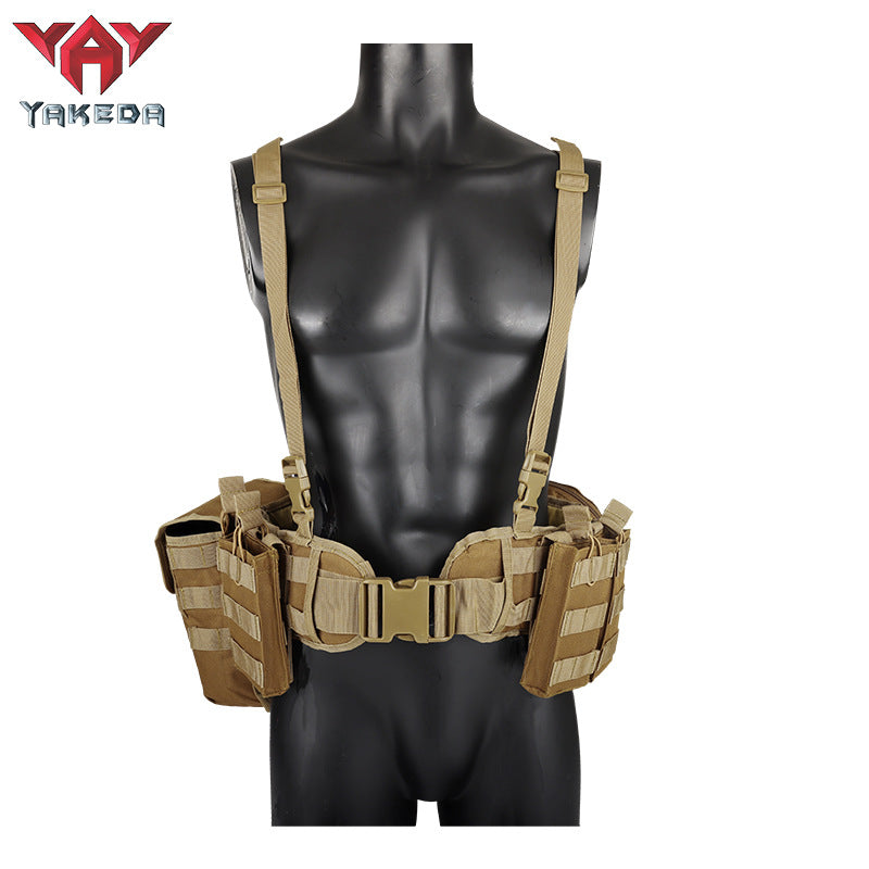 Tan tactical chest rig vest with adjustable straps and multiple pouches on black mannequin